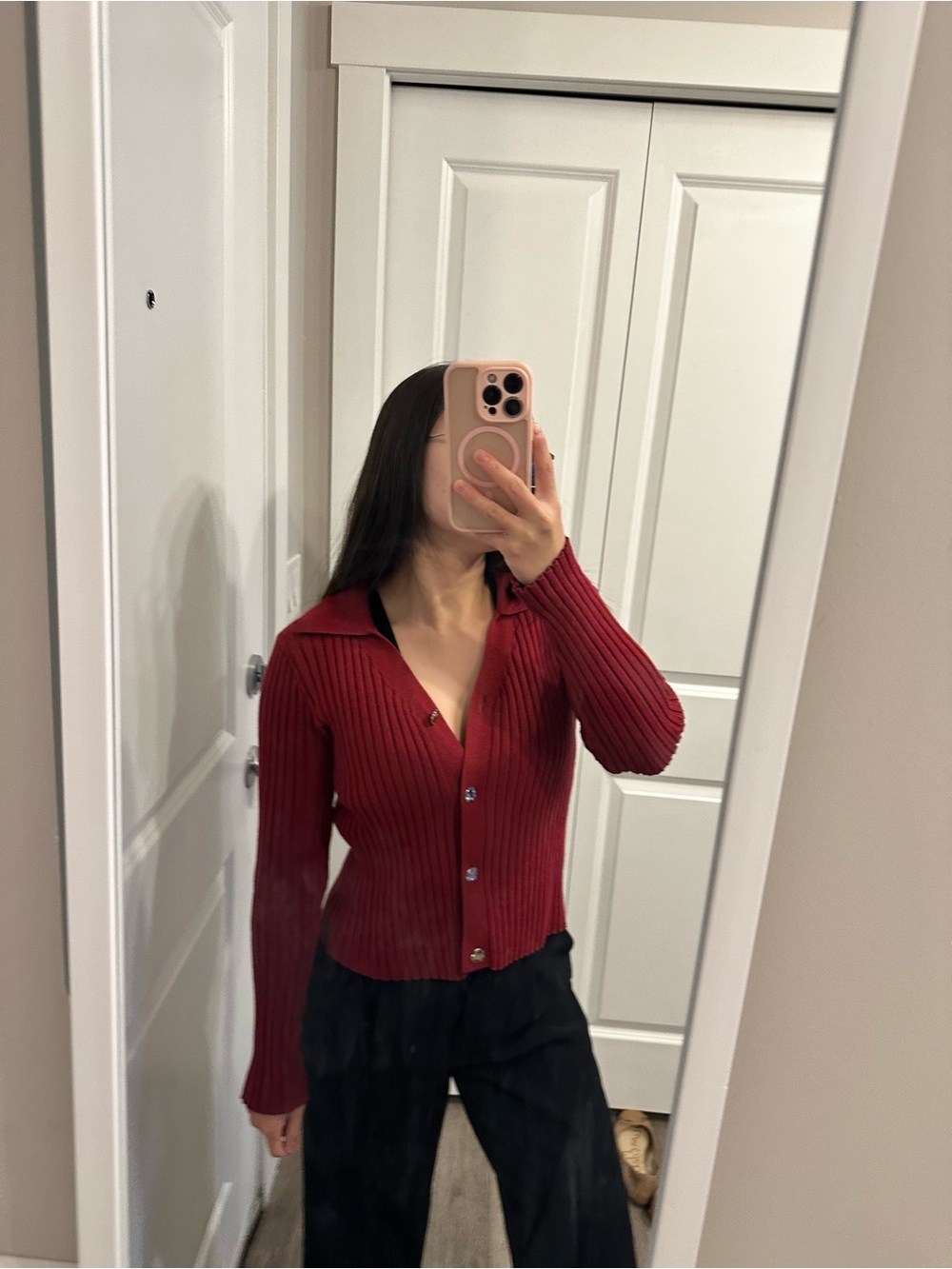 Ribbed Red Button-Up Collared Sweater